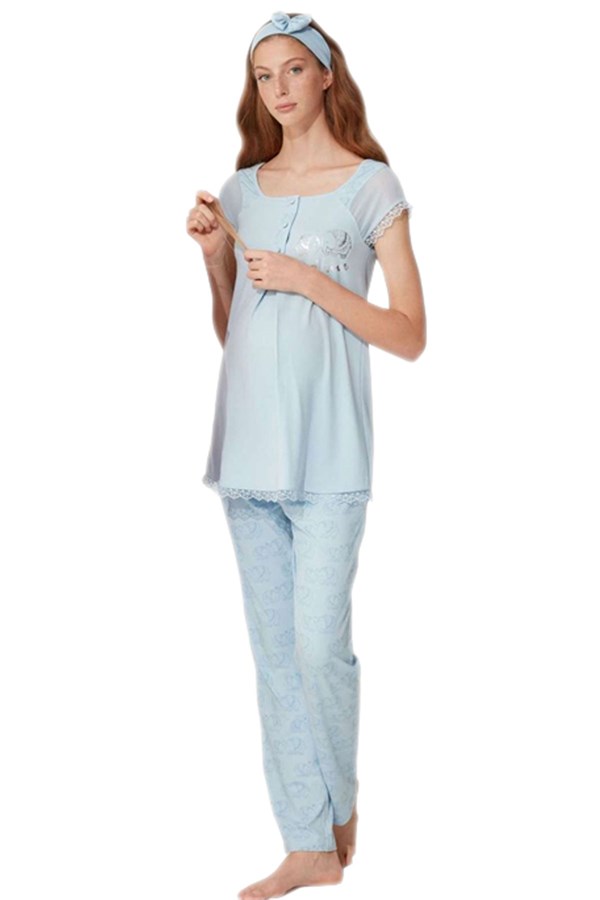 Feyza 3763 Mavi Hamile Lohusa Kısa Kollu Önden Düğmeli Pijama Takımı