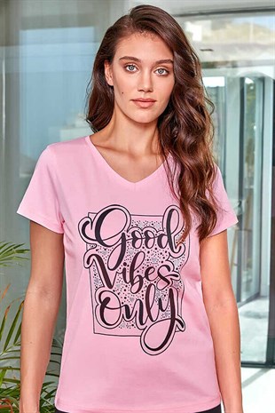 Berrak Pembe Kadın Tişört Baskılı Bayan T Shirt %100 Pamuk