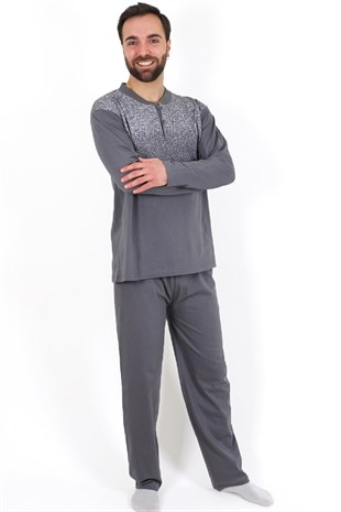Erkek Pijama Takımı Füme Uzun Kollu Pamuklu Erkek Pijama Takım