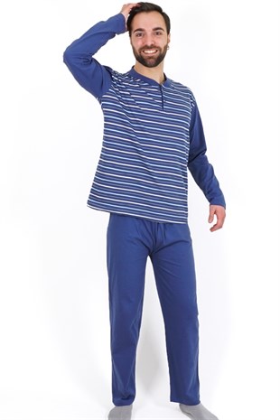 Erkek Pijama Takımı Mavi Uzun Kollu Pamuklu Erkek Pijama Takım