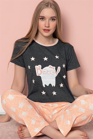 Kadın Desenli Pijama Takım Kısa Kollu Bayan Pijama Takımı