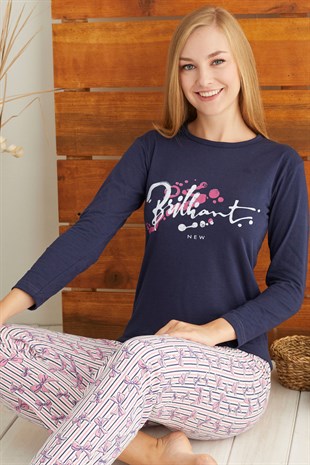 Kadın Desenli Pijama Takım Lacivert Uzun Kollu Bayan Pijama Takımı