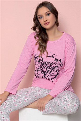 Kadın Desenli Pijama Takım Pembe Uzun Kollu Bayan Pijama Takımı