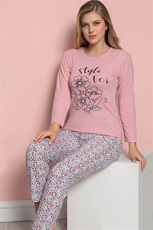 Kadın Desenli Pijama Takım Pudra Uzun Kollu Bayan Pijama Takımı