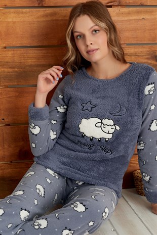 Uzun Kol Polar Kışlık Bayan Kadın Pijama Takımı Füme Alt Üst Takım